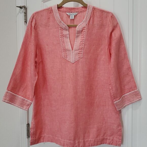 Tommy Bahama Sunset Salmon 100% Linen Embroidered Tunic Size Small - Picture 1 of 6